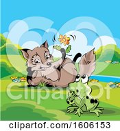 Clipart Of A Cute Fox Holding A Flower By A Frog Royalty Free Vector Illustration by Lal Perera
