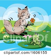 Poster, Art Print Of Cute Fox Holding A Flower By A Frog