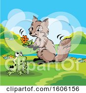 Clipart Of A Cute Fox Holding A Flower By A Frog Royalty Free Vector Illustration by Lal Perera