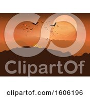 Clipart Of A Full Moon And Orange Sky With Bats Over Halloween Jackolantern Pumpkins On A Hill Royalty Free Vector Illustration
