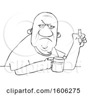 Poster, Art Print Of Cartoon Lineart Grumpy Old Black Man Smoking A Cigarette Over Coffee