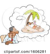 Poster, Art Print Of Black Business Man Day Dreaming Of A Vacation On A Deserted Island