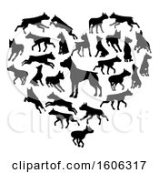 Poster, Art Print Of Heart Made Of Black Silhouetted Pitbull Or Staffordshire Terrier Dogs