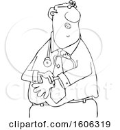 Clipart Of A Cartoon Lineart Black Male Doctor Putting On Exam Gloves Royalty Free Vector Illustration