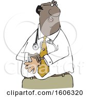 Clipart Of A Cartoon Black Male Doctor Putting On Exam Gloves Royalty Free Vector Illustration