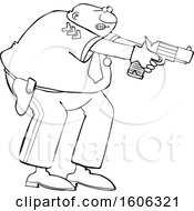 Clipart Of A Cartoon Lineart Black Male Police Officer Aiming His Gun Royalty Free Vector Illustration