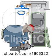 Cartoon Black Furnace Repair Man Bending Over While Working On A Piece