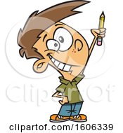 Poster, Art Print Of Cartoon White Boy Classroom Warrior Holding Up A Pencil