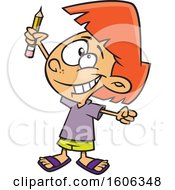 Clipart Of A Cartoon White Girl Classroom Warrior Holding Up A Pencil Royalty Free Vector Illustration