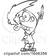 Poster, Art Print Of Cartoon Lineart Boy Classroom Warrior Holding Up A Pencil