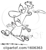 Clipart Of A Cartoon Black And White Man Running Away From The Inevitable Fall Royalty Free Vector Illustration