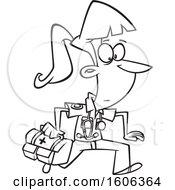 Clipart Of A Cartoon Black And White Running Female EMT With A First Aid Kit Royalty Free Vector Illustration