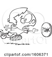 Clipart Of A Cartoon Black And White Boy Rushing To Push A Panic Button Royalty Free Vector Illustration by toonaday