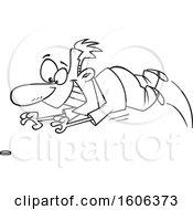 Clipart Of A Cartoon Black And White Male Penny Pincher Diving For A Coin Royalty Free Vector Illustration