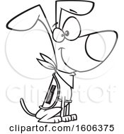 Clipart Of A Cartoon Black And White Sitting Happy Service Dog Royalty Free Vector Illustration