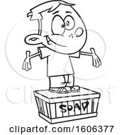 Clipart Of A Cartoon Black And White Boy Standing On A Soapbox Royalty Free Vector Illustration