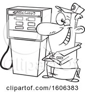 Clipart Of A Cartoon Black And White Happy Male Gas Station Pump Attendant Royalty Free Vector Illustration