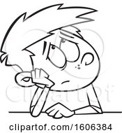 Clipart Of A Cartoon Black And White Boy Looking Bored Royalty Free Vector Illustration