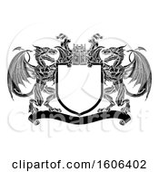 Clipart Of A Black And White Heraldic Shield With Dragons And Knights Great Helm Royalty Free Vector Illustration