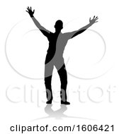 Poster, Art Print Of Silhouetted Man Holding His Arms Up To The Sky With A Reflection Or Shadow On A White Background