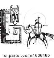 Clipart Of A Horseback Knight Sigurd Slaying A Dragon Fafnir Black And White Woodcut Royalty Free Vector Illustration