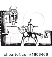 Clipart Of A Horse Back Knight Sigurd Slaying The Dragon Fafnir Black And White Woodcut Royalty Free Vector Illustration by xunantunich