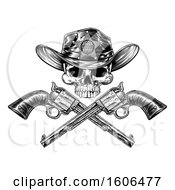 Clipart Of A Cowboy Sheriff Skull Over Crossed Guns In Black And White Royalty Free Vector Illustration