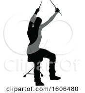 Clipart Of A Silhouetted Female Drummer Royalty Free Vector Illustration by AtStockIllustration