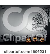 Clipart Of A Halloween Background With Jackolantern Pumpkins In A Cemetery On Gray Royalty Free Vector Illustration