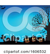 Poster, Art Print Of Halloween Background With Jackolantern Pumpkins In A Cemetery On Blue