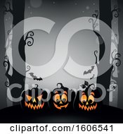 Poster, Art Print Of Halloween Forest And Jackolantern Pumpkin Background With Bats On Gray