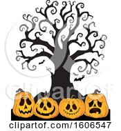 Poster, Art Print Of Group Of Halloween Jackolantern Pumpkins Under A Bare Tree