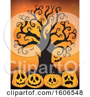 Poster, Art Print Of Group Of Halloween Jackolantern Pumpkins Under A Bare Tree On Orange
