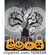 Poster, Art Print Of Group Of Halloween Jackolantern Pumpkins Under A Bare Tree On Gray