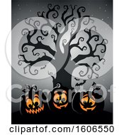 Poster, Art Print Of Group Of Silhouetted Halloween Jackolantern Pumpkins Under A Bare Tree On Gray
