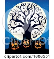 Poster, Art Print Of Group Of Silhouetted Halloween Jackolantern Pumpkins Under A Bare Tree With A Full Moon