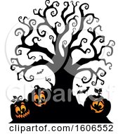 Poster, Art Print Of Group Of Silhouetted Halloween Jackolantern Pumpkins Under A Bare Tree