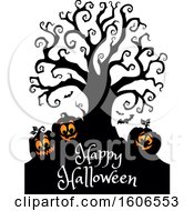 Poster, Art Print Of Group Of Silhouetted Jackolantern Pumpkins And Happy Halloween Text Under A Bare Tree