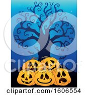 Poster, Art Print Of Group Of Halloween Jackolantern Pumpkins Under A Bare Tree On Blue