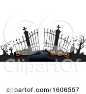 Poster, Art Print Of Silhouetted Cemetery Entrance With Halloween Pumpkins And Gates
