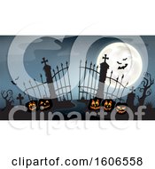 Poster, Art Print Of Silhouetted Cemetery Entrance With Halloween Jackolantern Pumpkins And Gates
