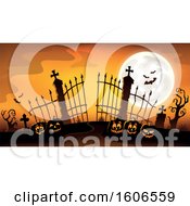 Poster, Art Print Of Silhouetted Cemetery Entrance With A Full Moon Halloween Pumpkins And Gates