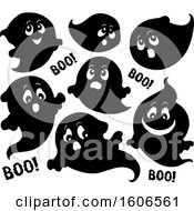 Clipart Of A Group Of Black And White Halloween Ghosts Royalty Free Vector Illustration