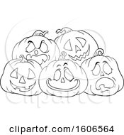 Poster, Art Print Of Lineart Group Of Carved Halloween Jackolantern Pumpkins