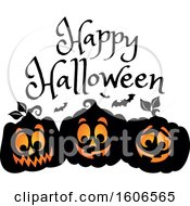 Poster, Art Print Of Happy Halloween Greeting Over Black Illuminated Jackolantern Pumpkins And Bats