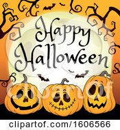 Poster, Art Print Of Happy Halloween Greeting With A Full Moon Over Jackolantern Pumpkins And Bats