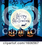Clipart Of A Happy Halloween Forest And Jackolantern Pumpkin Background With A Full Moon And Bats Royalty Free Vector Illustration by visekart