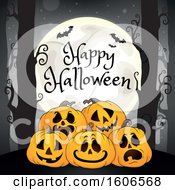 Poster, Art Print Of Happy Halloween Forest And Jackolantern Pumpkin Background With A Full Moon And Bats