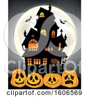 Poster, Art Print Of Full Moon With Bats Behind A Haunted House And Halloween Jackolantern Pumpkins