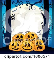 Poster, Art Print Of Halloween Forest And Jackolantern Pumpkin Background With A Full Moon And Bats